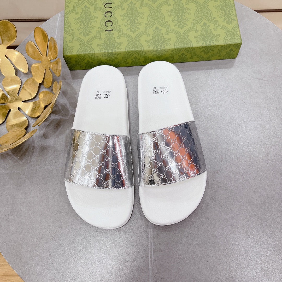 (1:1 replica) Gucci Women s GG Slide Sandal White Silver For Women 407345