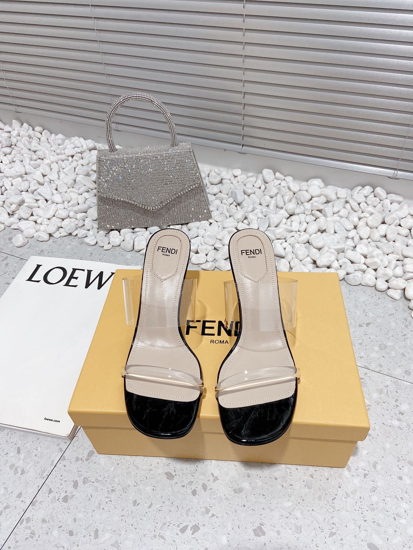 (1:1 replica) Fendi First Black Transparent Medium-Heeled Sandals For Women