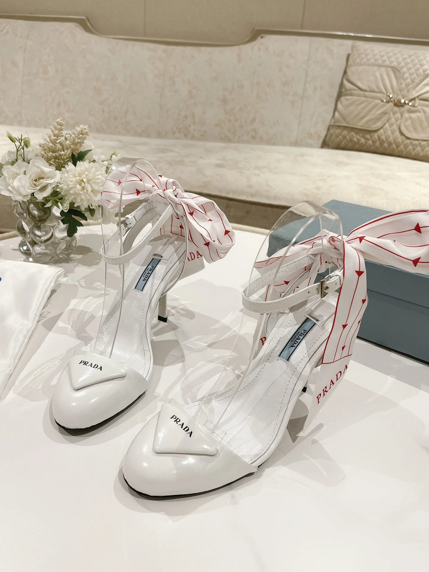 (1:1 replica) Prada Patent Sling-Back Pumps White For Women 3.5/90mm PRD