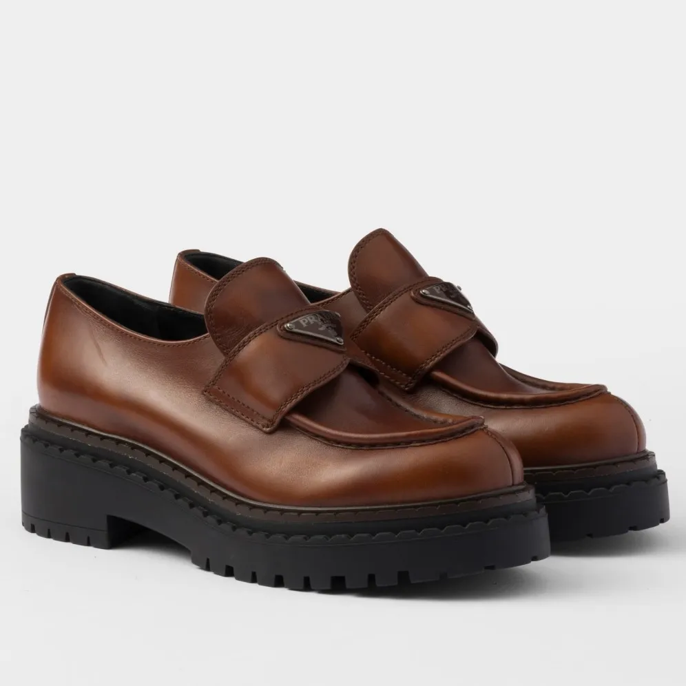 (1:1 replica) Prada Women s Double Chocolate Loafers in Cognac Leather PRL013
