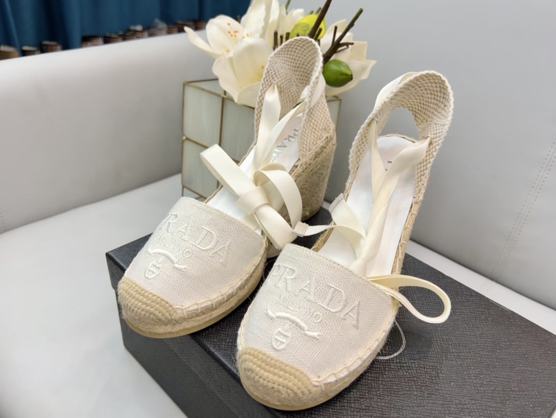 (1:1 replica) Prada Linen Espadrille Wedge Sandals White For Women 3.5in/90mm PRD