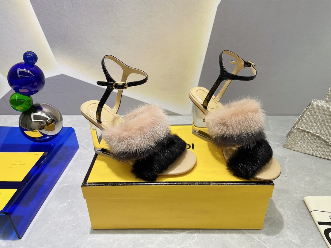 (1:1 replica) Fendi First Black Mink High-Heeled Sandals For Women