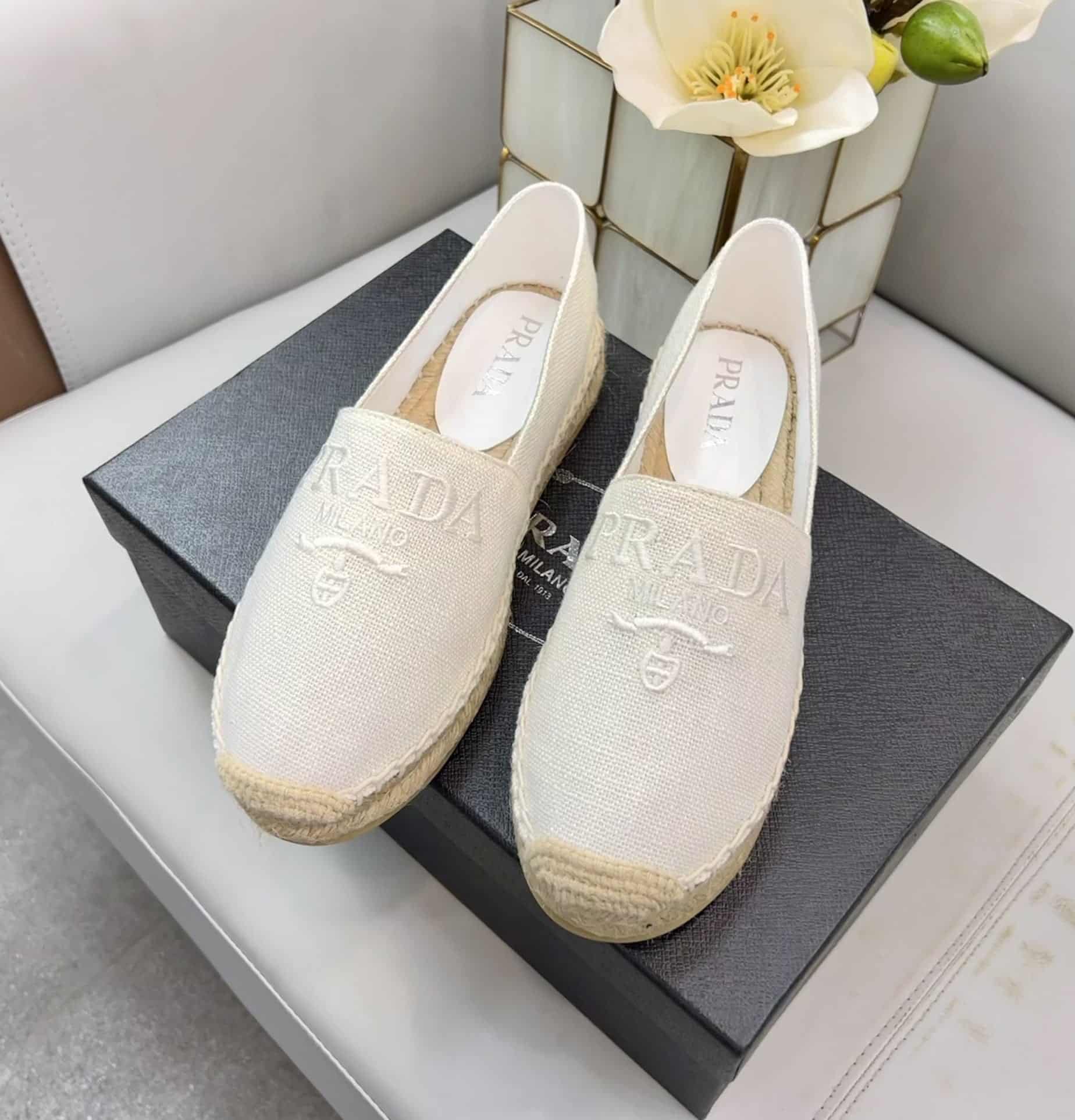 (1:1 replica) Prada Linen Espadrilles White For Women 0.8in/20mm PRD