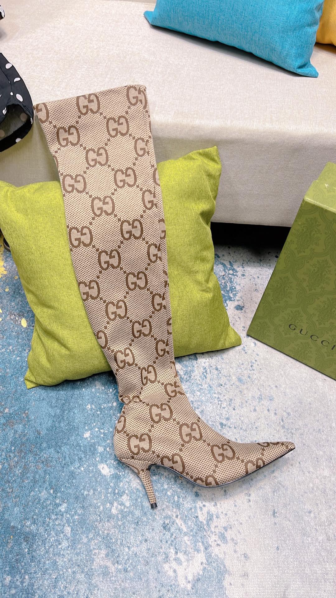 (1:1 replica) Gucci Women s Mid-Heel Lisa Monogram Canvas Boot Beige For Women GG