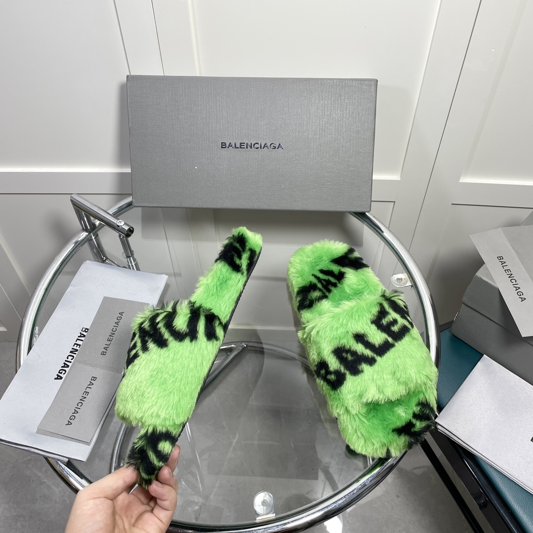 (1:1 replica) Balenciaga Furry Slide Sandal Allover Logo Green For Women