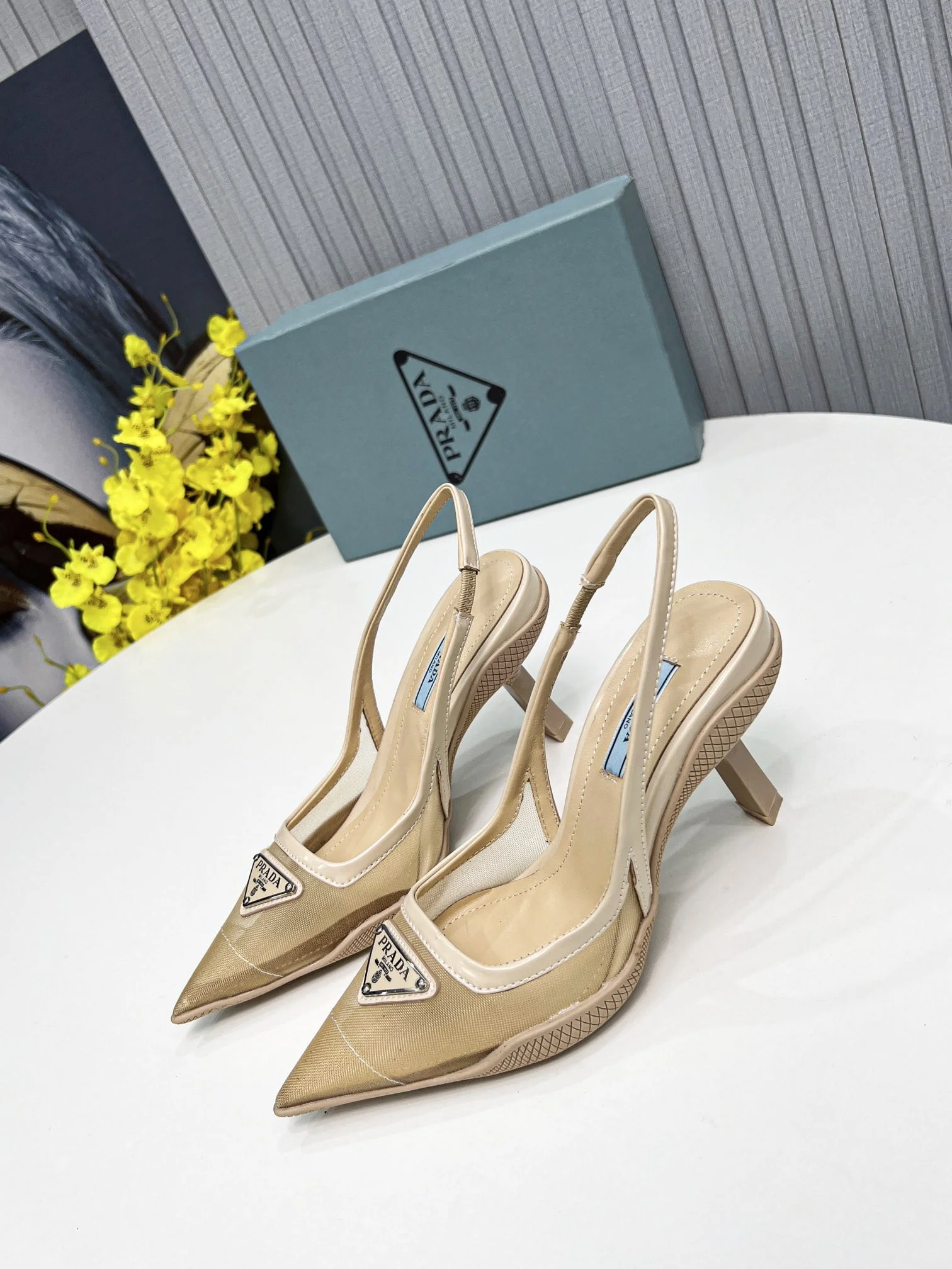 (1:1 replica) Prada Mesh Fabric Slingback Pumps Beige For Women PRD 1I828M_099_F0F24_F_045