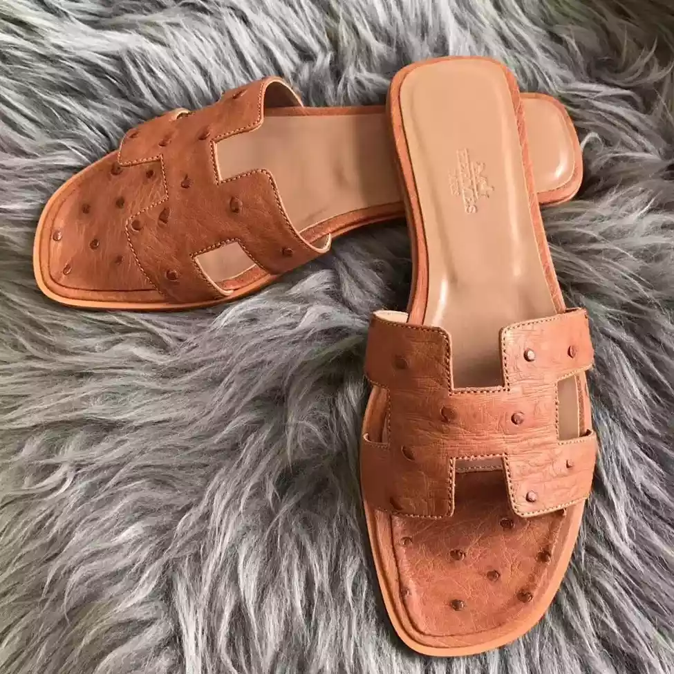 (1:1 replica) HERMES ORAN SLIDE SANDALS IN BROWN OSTRICH LEATHER HMSD077
