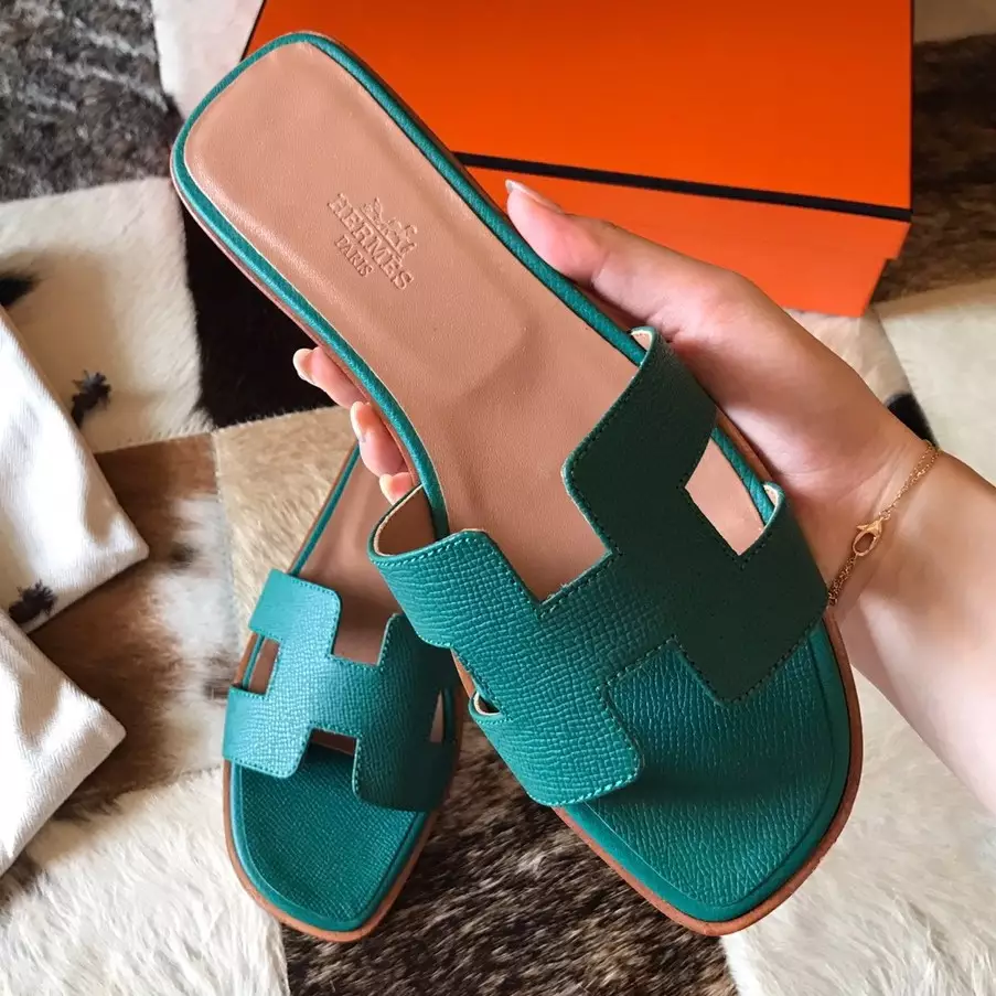 (1:1 replica) HERMES ORAN SLIDE SANDALS IN MALACHITE EPSOM CALFSKIN HMSD075