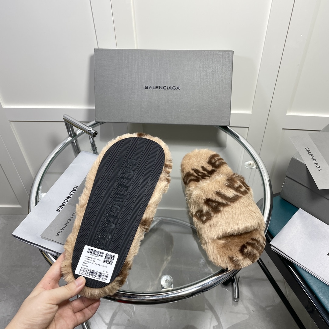 (1:1 replica) Balenciaga Furry Slide Sandal Allover Logo Beige For Women