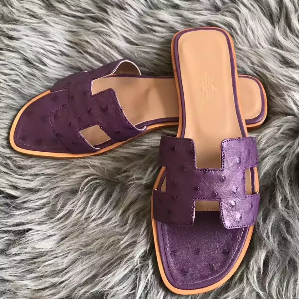 (1:1 replica) HERMES ORAN SLIDE SANDALS IN PURPLE OSTRICH LEATHER HMSD079