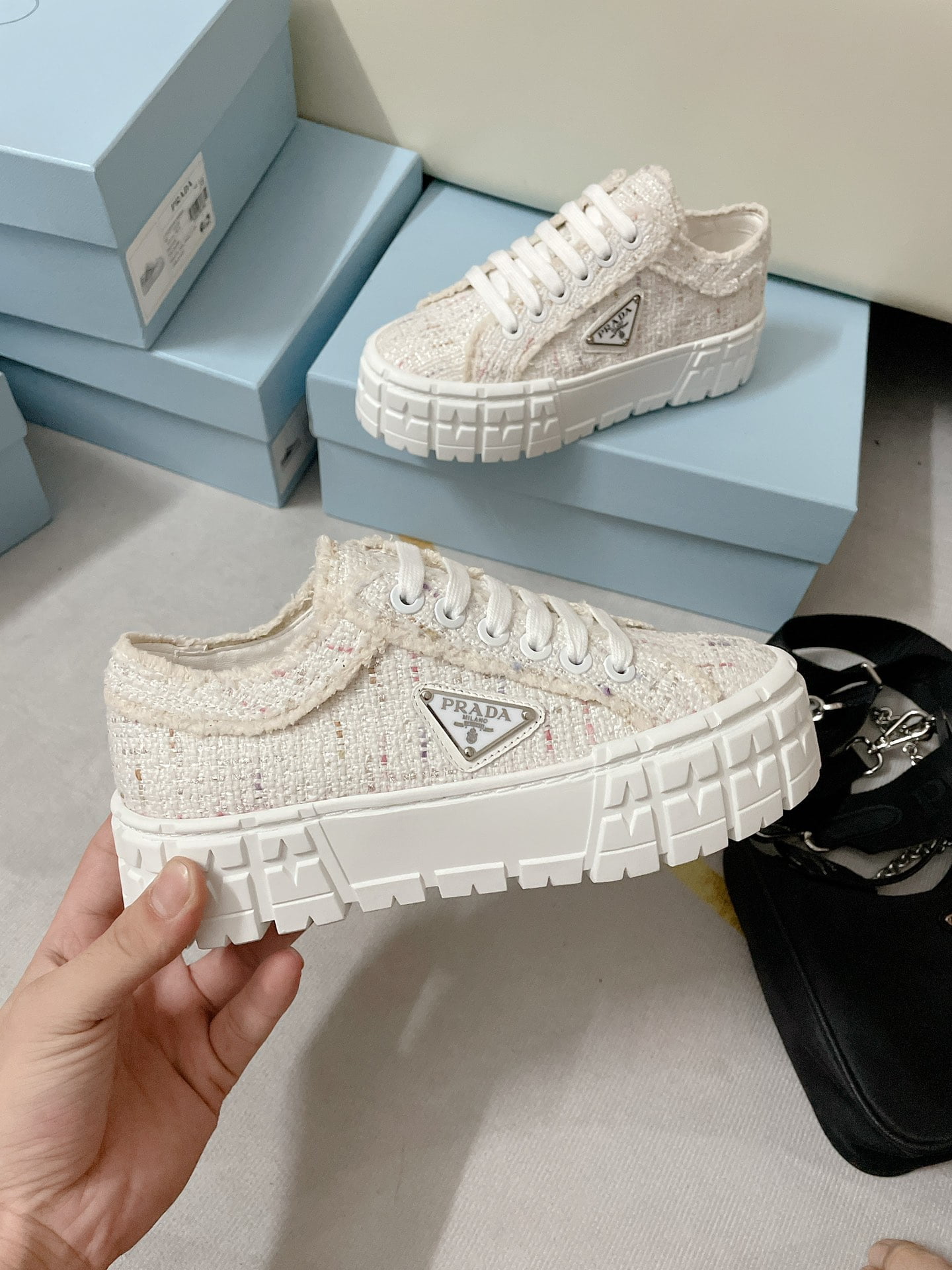 (1:1 replica) Prada Double Wheel Gabardine Sneakers White For Women 2in/50mm PRD