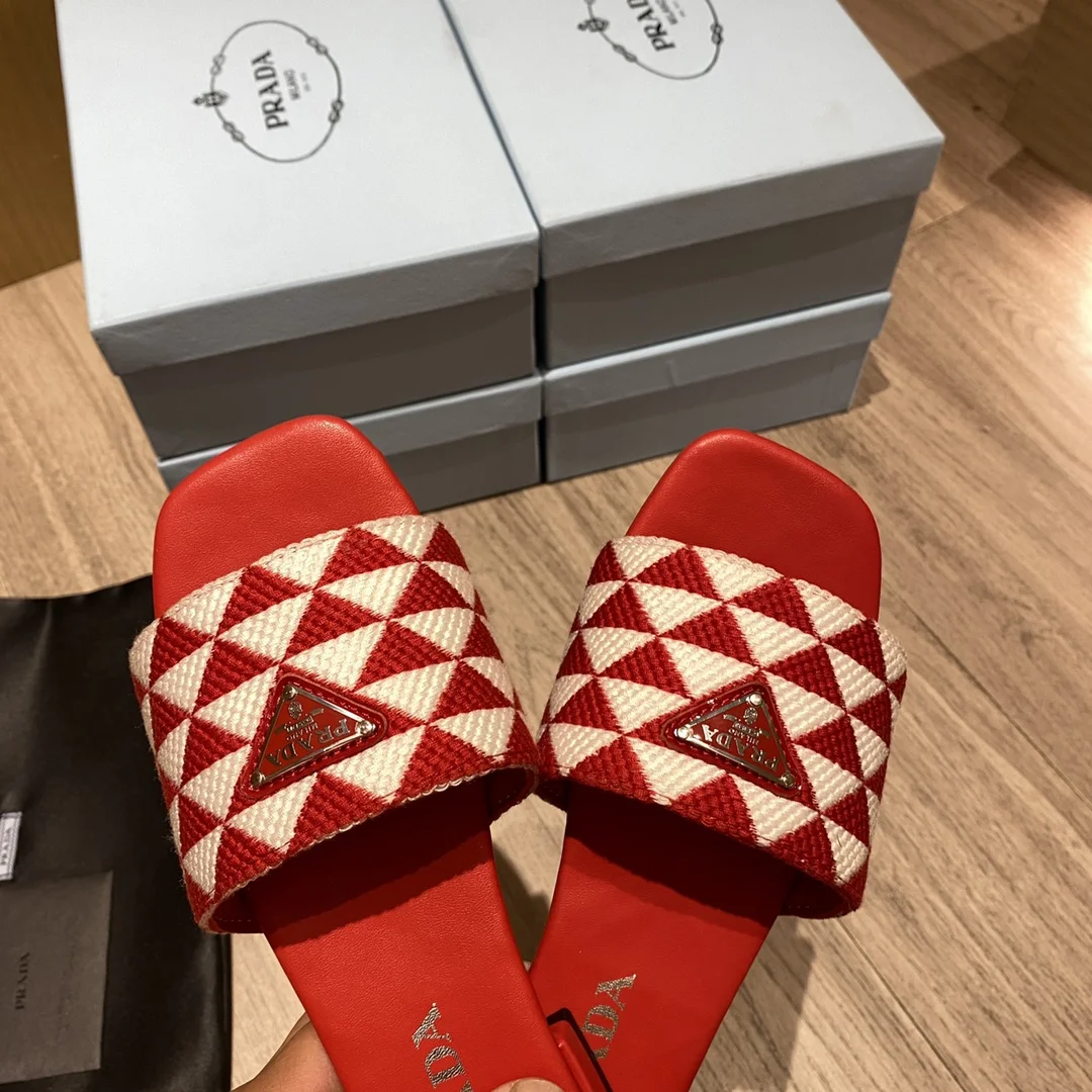 (1:1 replica) Prada Embroidered Fabric Slides White/Red For Women 0.4in/10mm PRD