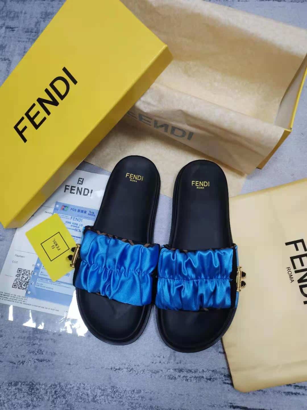 (1:1 replica) Fendi Feel Blue Satin Slides For Women