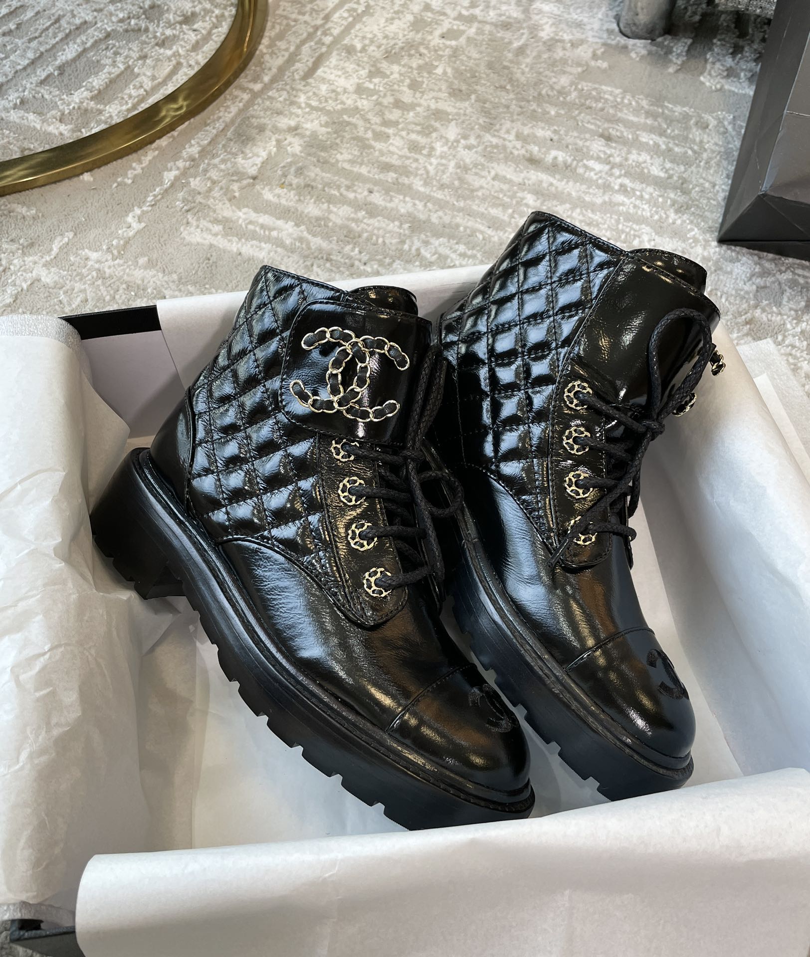 (1:1 replica) Chanel Women s Lace- Ups Bright Black For Women 1.5in/ 4cm