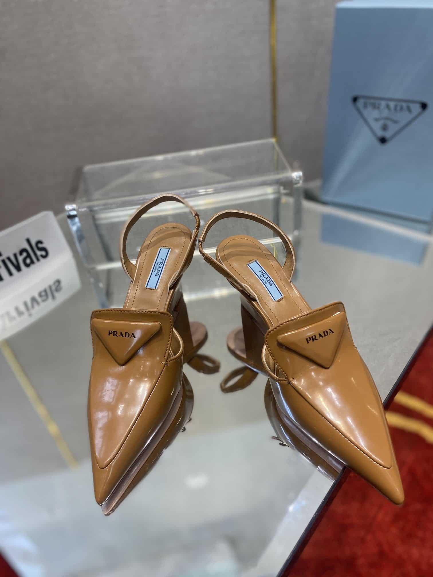 (1:1 replica) Prada Brushed Slingback Pumps Brown For Women 2.6in/65mm PRD