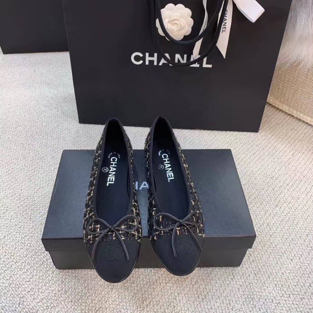 (1:1 replica) Chanel Ballerina Flats Tweed Black/Gold For Women, Women s Shoes G02819 K4311