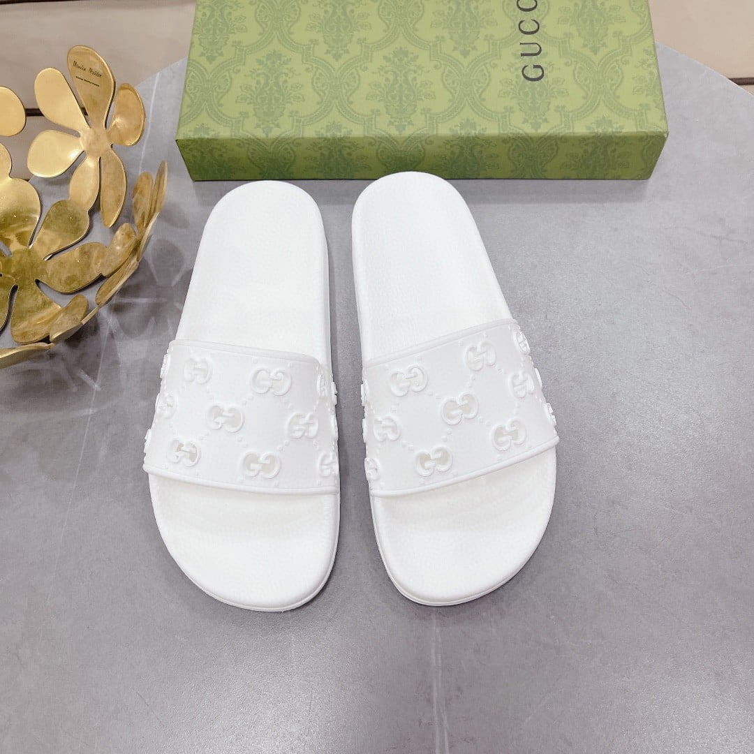 (1:1 replica) Gucci Women s Rubber GG Slide Sandals White For Women 573922 JDR00 9014