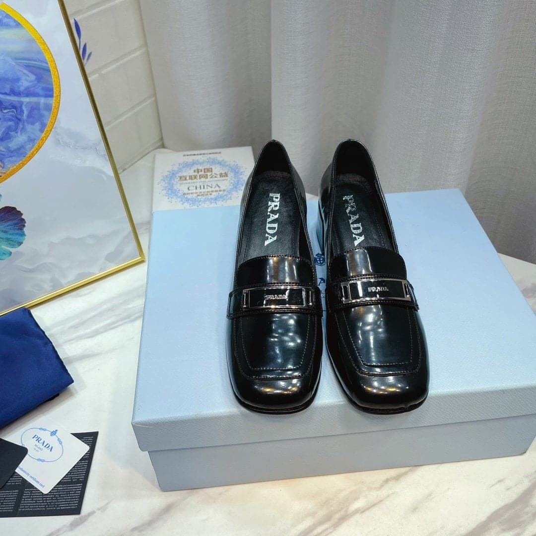 (1:1 replica) Prada Brushed Loafers Black 2.17in/55mm For Women PRD