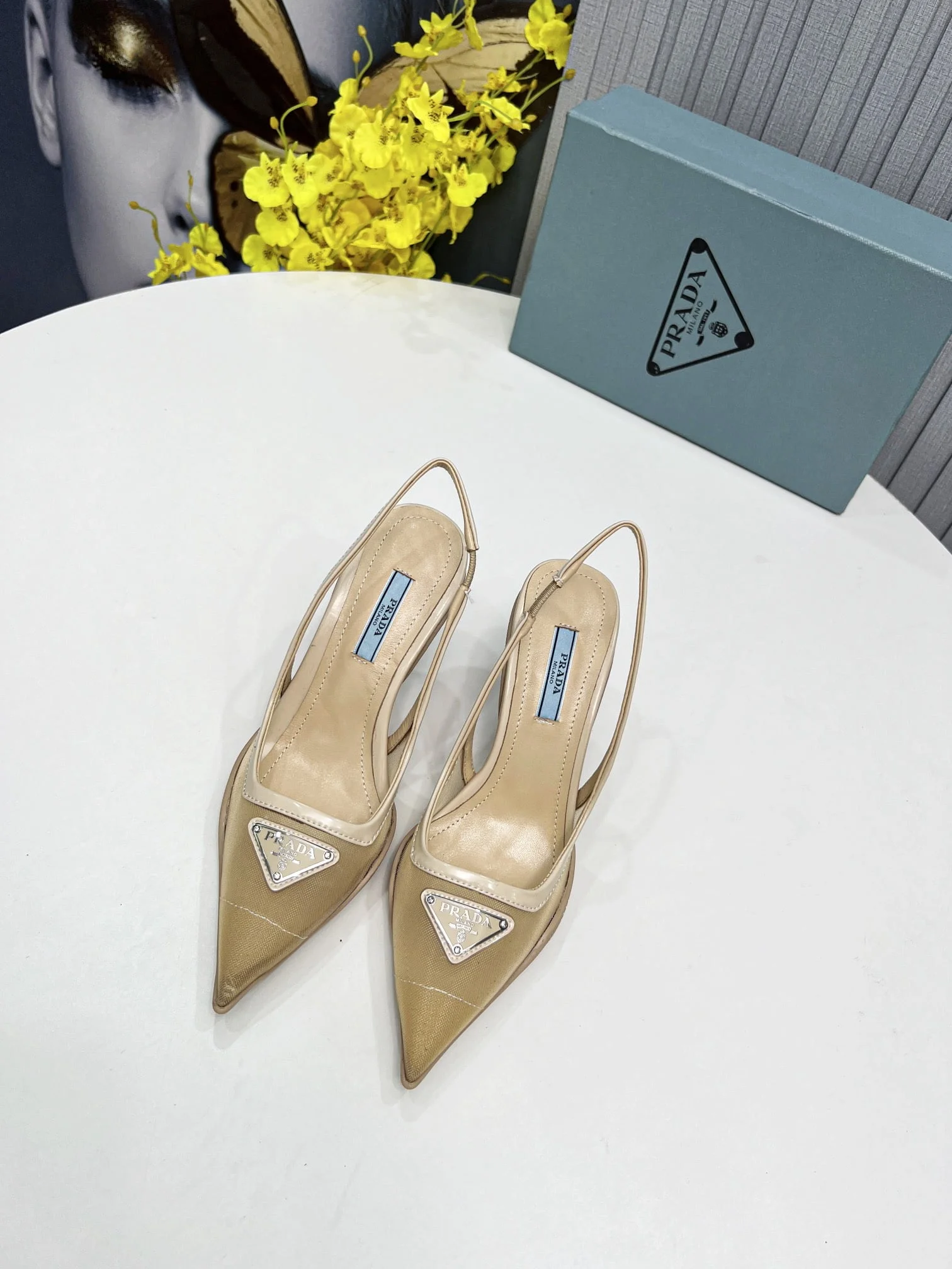 (1:1 replica) Prada Mesh Fabric Slingback Pumps Beige For Women PRD 1I828M_099_F0F24_F_045