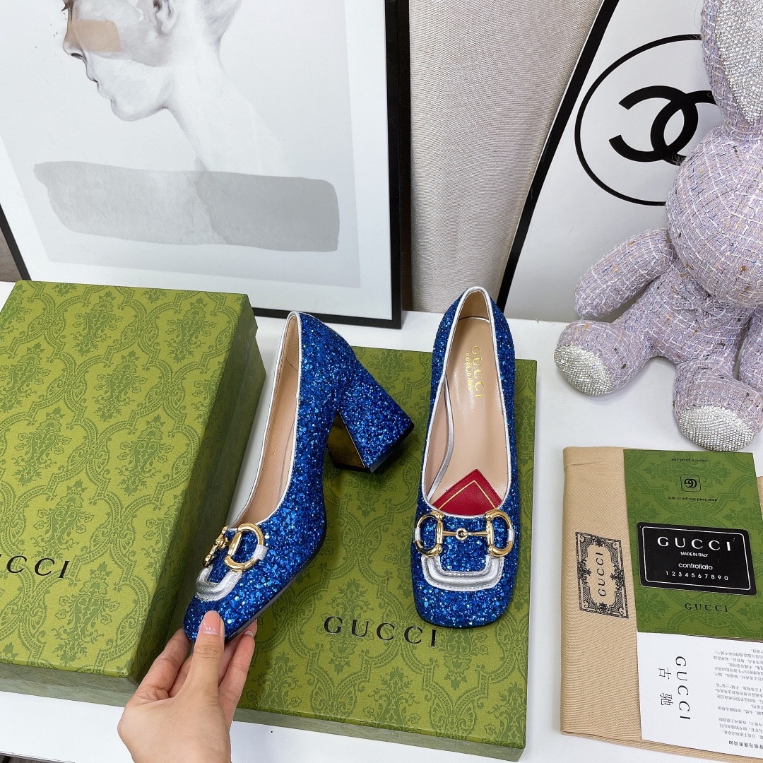 (1:1 replica) Gucci Lovelight Mid-Heel Crystal Ballet Flat With Horsebit Blue For Women GG