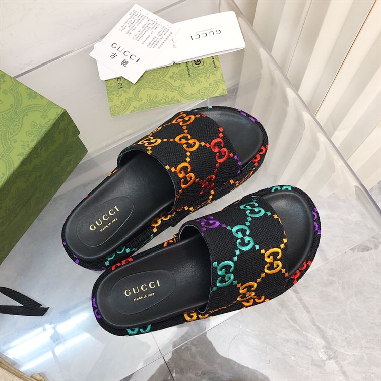 (1:1 replica) GUCCI ANGELINA EMBROIDERED LOGO PLATFORM SLIDE SANDAL GSL025