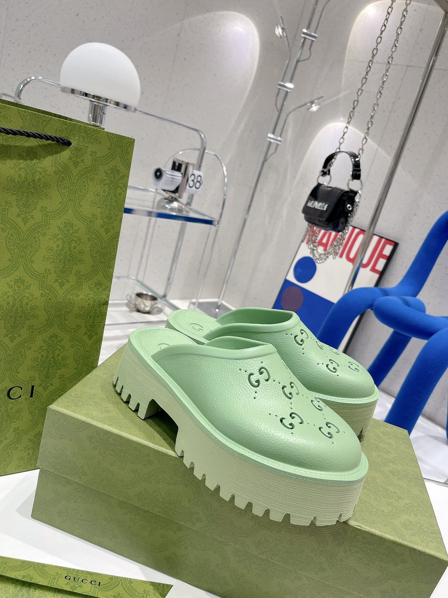 (1:1 replica) Gucci Women s Platform Perforated G Sandal Green For Women GG