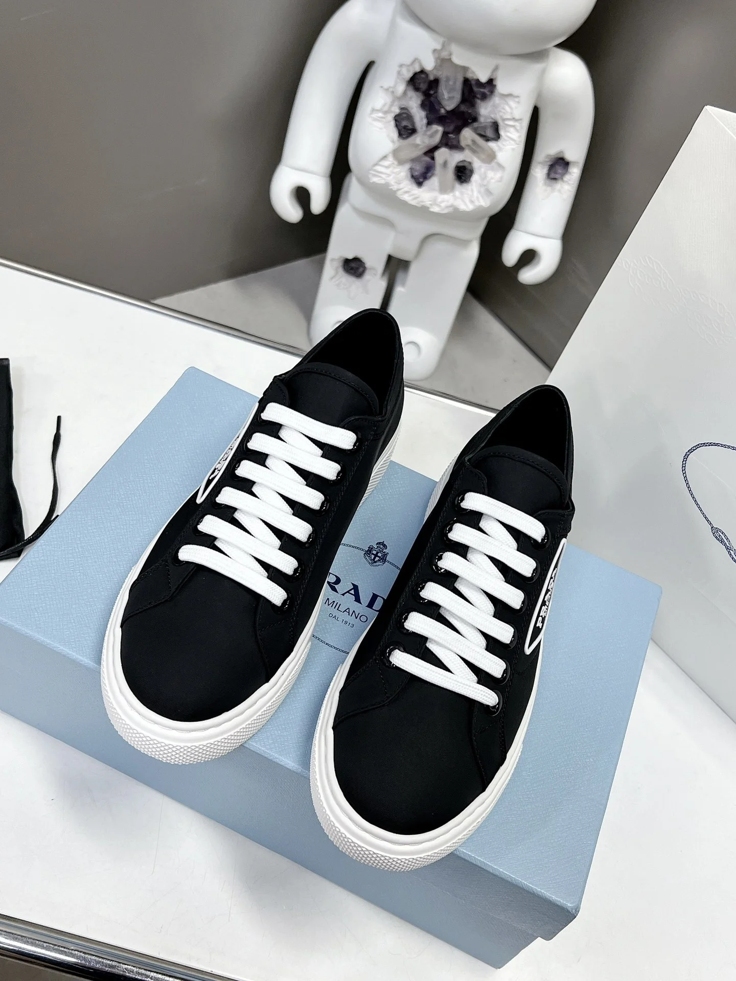 (1:1 replica) Prada Macro Re-Nylon And Brushed Sneakers Black For Women 1.2in/30mm PRD