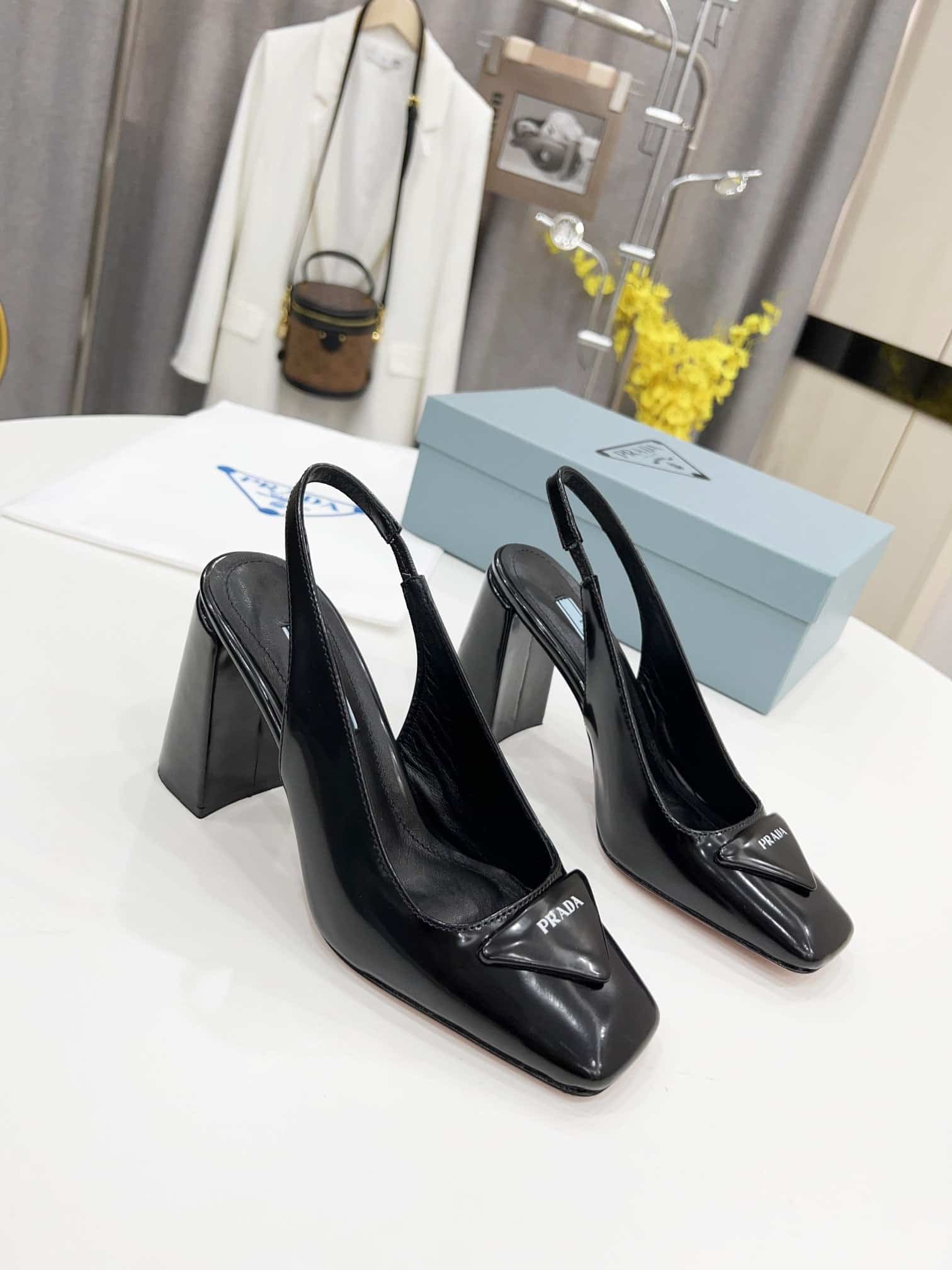 (1:1 replica) Prada Patent Sling-Back Pumps Black For Women 3.5in/90mm PRD 1I767M_069_F0002_F_090