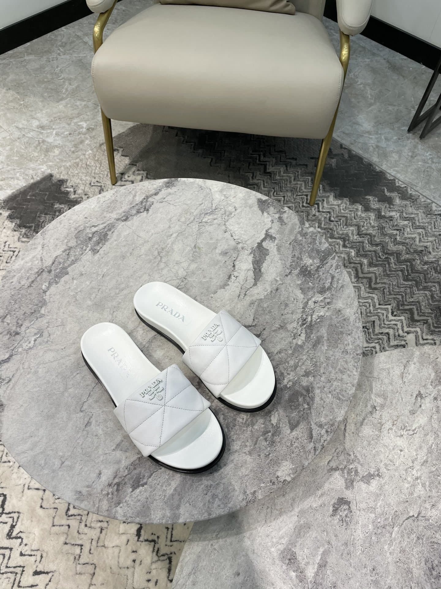 (1:1 replica) Prada Embossed Logo Quilted Slides White For Women PRD