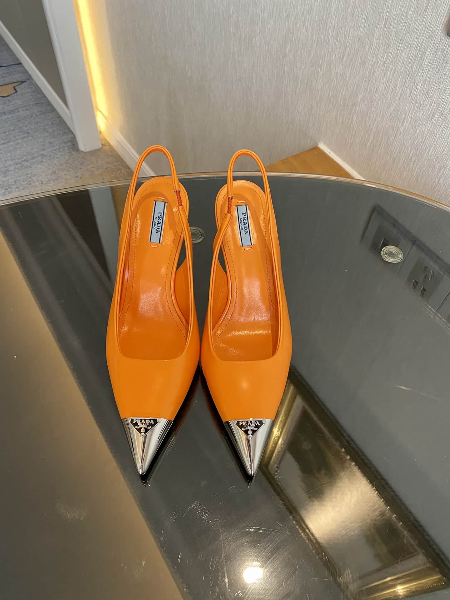 (1:1 replica) Prada Brushed Slingback Pumps Orange For Women 2.9in/75mm PRD