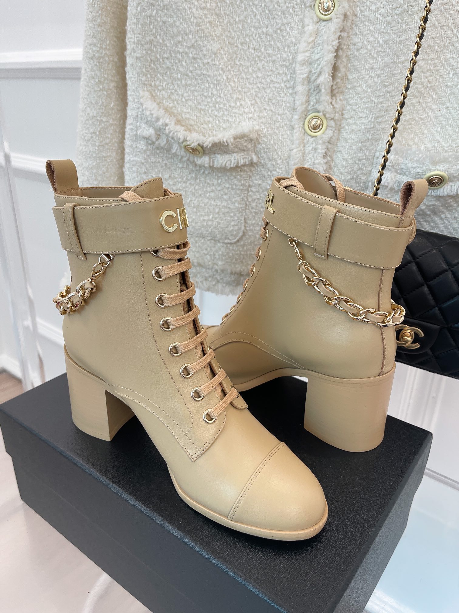 (1:1 replica) Chanel Women s Lace-Up With Chain Beige For Women 3.7in/9.5cm