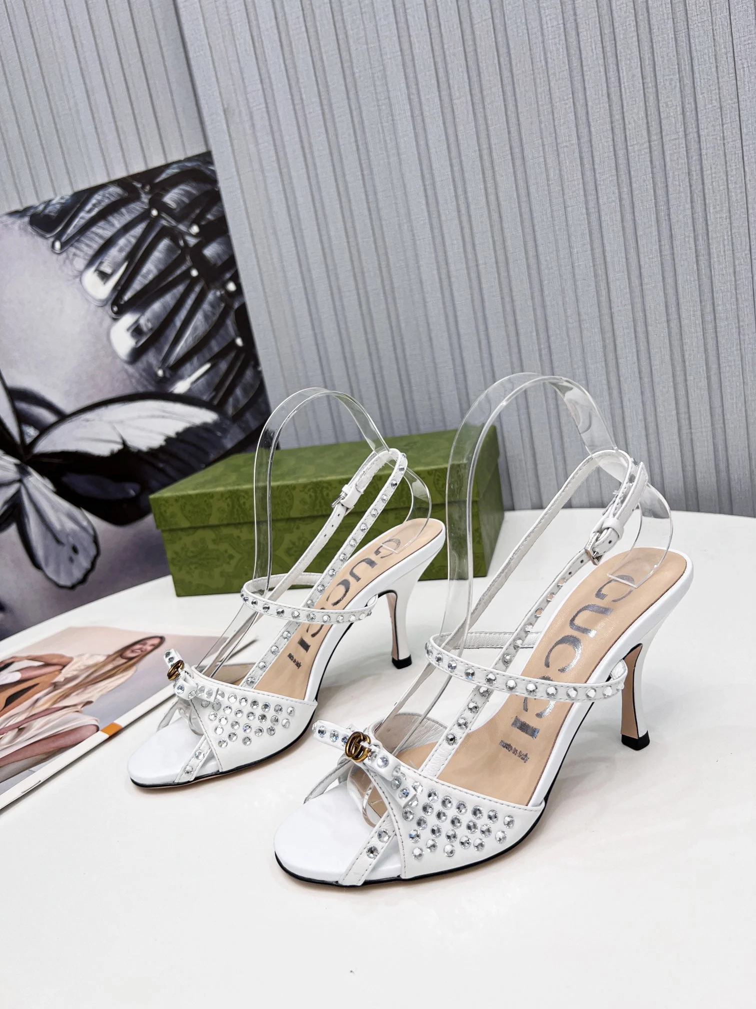 (1:1 replica) Gucci Women s Sandal With Crystals White For Women GG