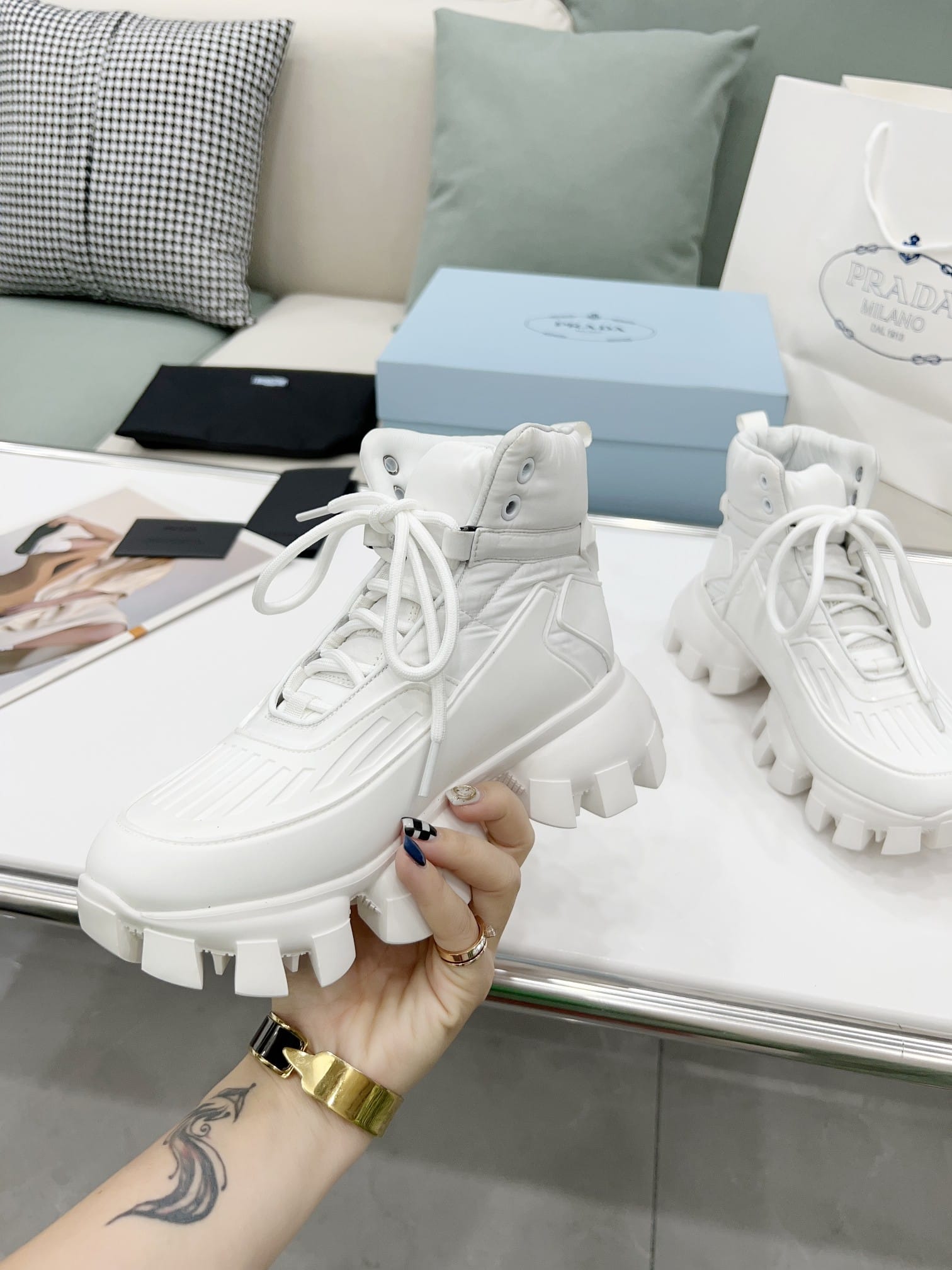 (1:1 replica) Prada Cloudbust Thunder High-Top Sneakers White For Women 1.9in/50mm PRD