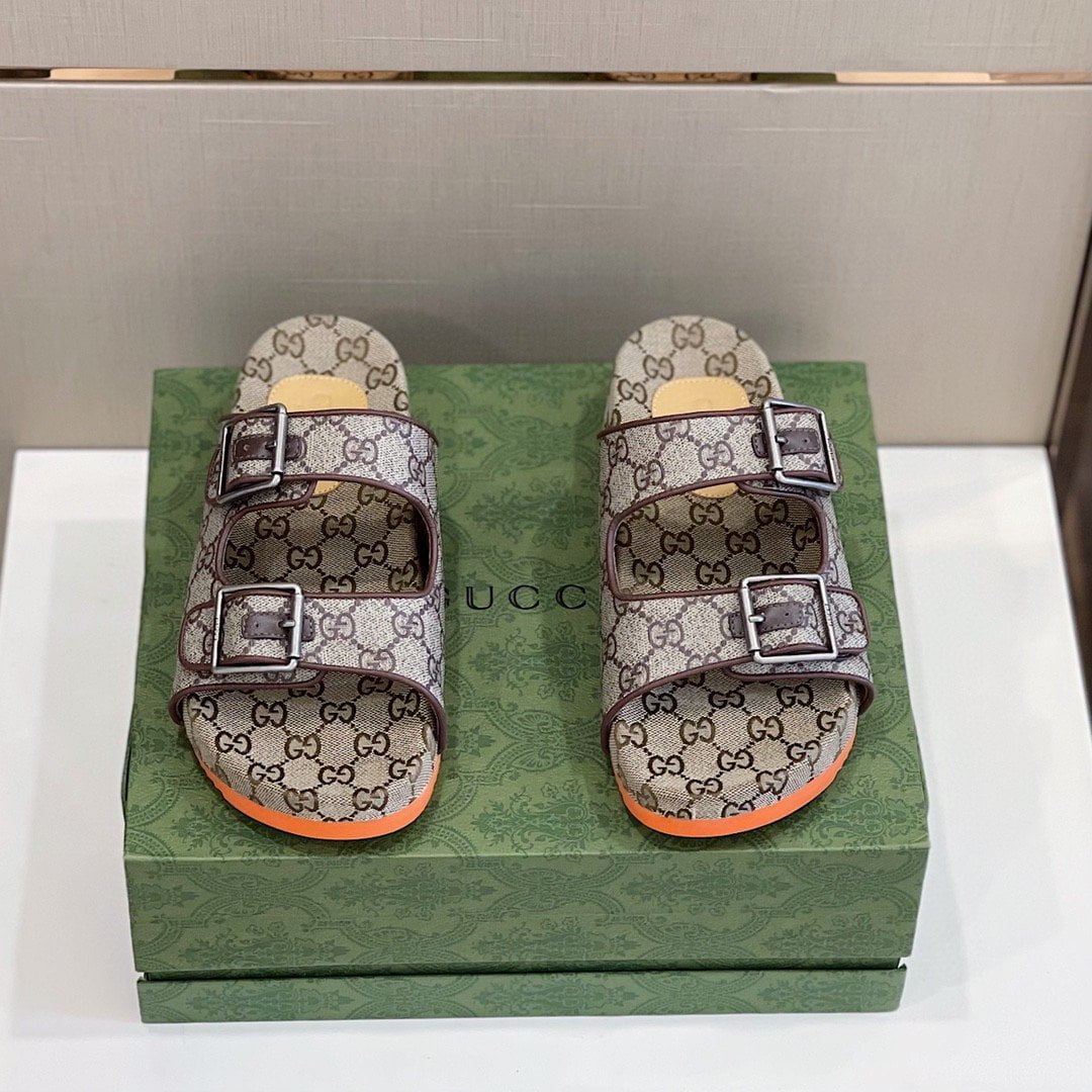 (1:1 replica) Gucci Women s Slide Sandal With Straps Gray Orange For Women 658020 2HK60