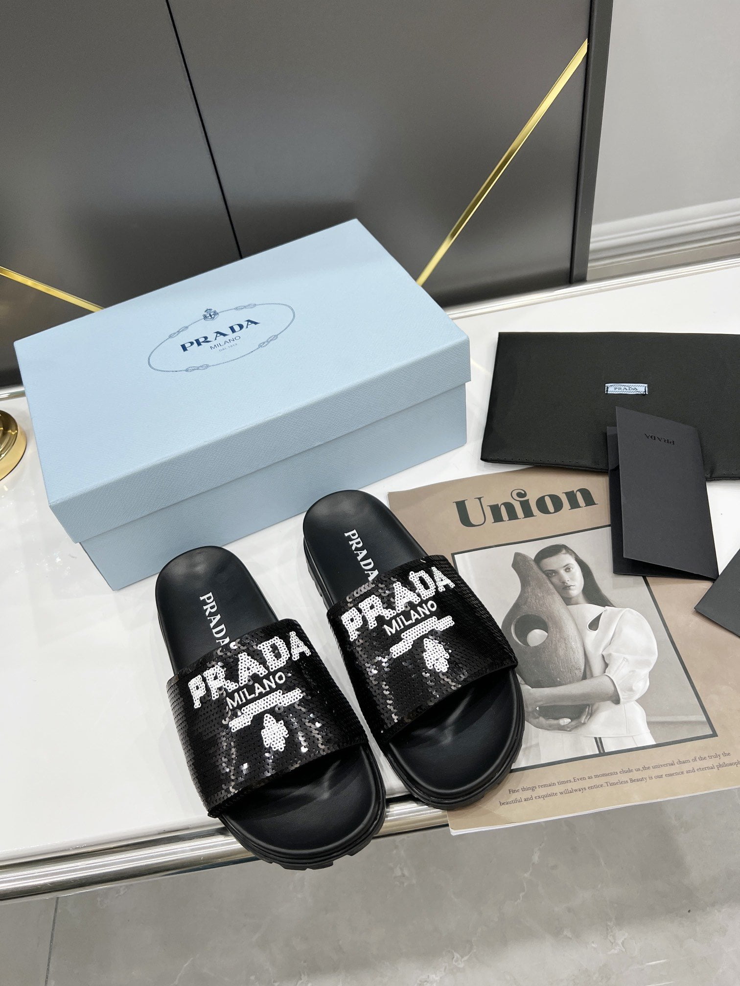 (1:1 replica) Prada Logo Detailed Sequin Slides Black For Women 1.4in/35mm PRD 1XX603F020959