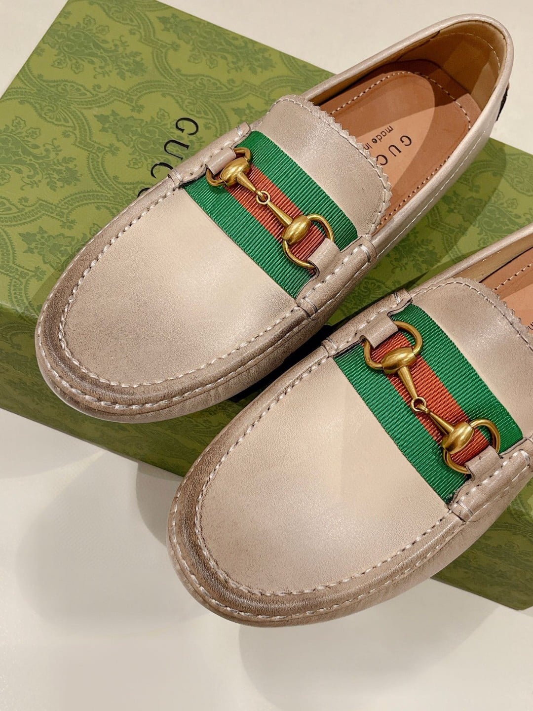 (1:1 replica) Gucci Women s Horsebit Driver With Web Distressed Beige