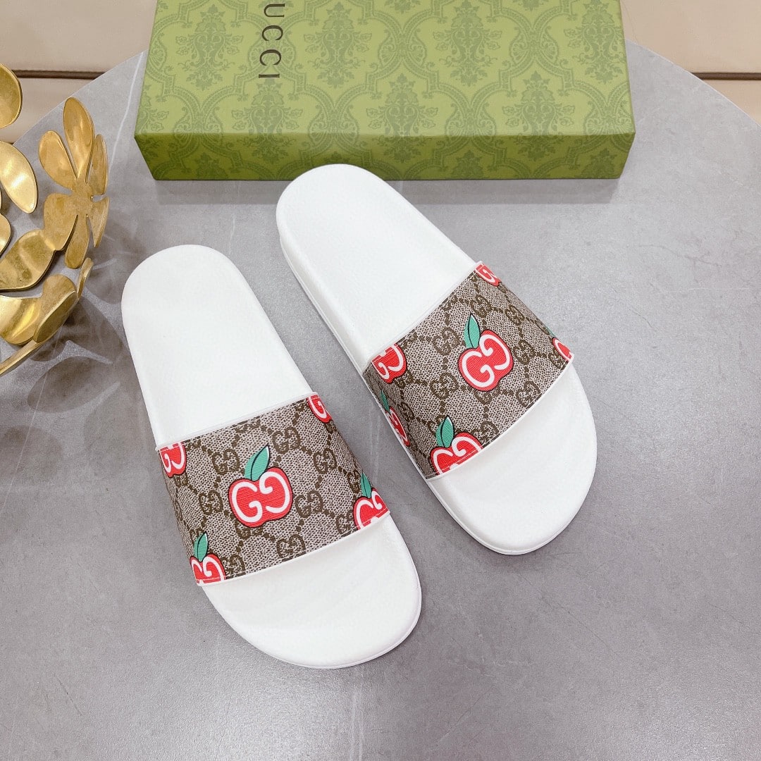 (1:1 replica) Gucci Women s GG Slide Sandal With GG Apple White And Brown For Women 407345
