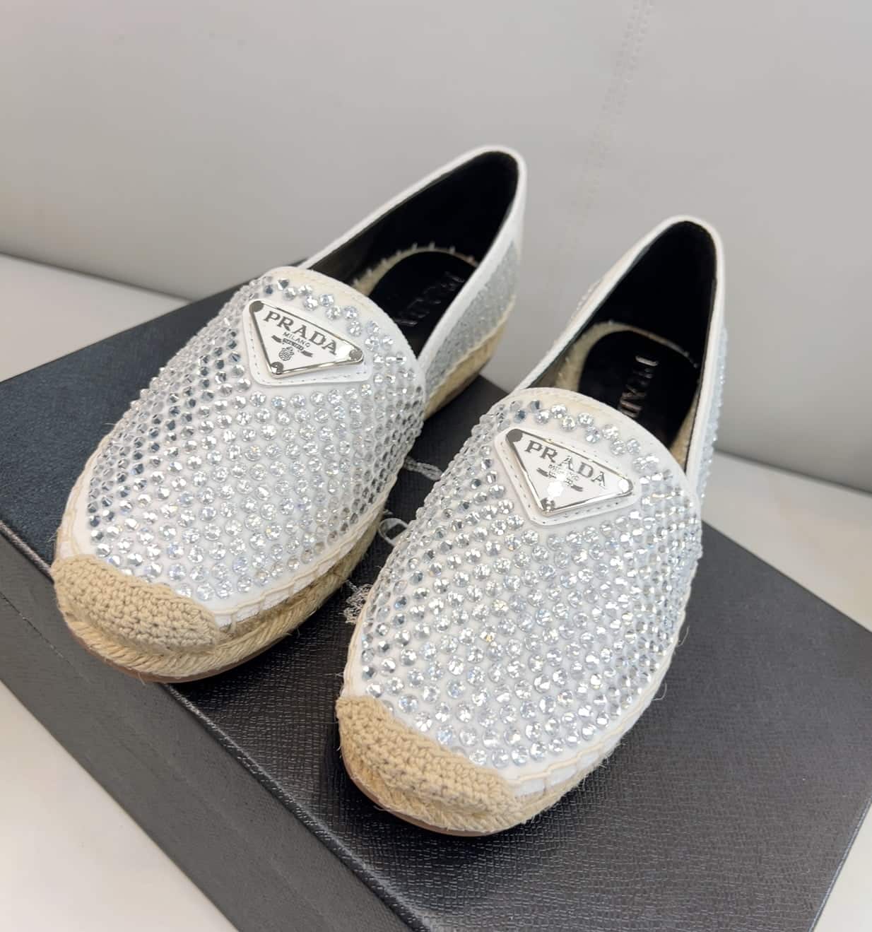 (1:1 replica) Prada Espadrillas With Crystals White For Women 0.8in/20mm PRD