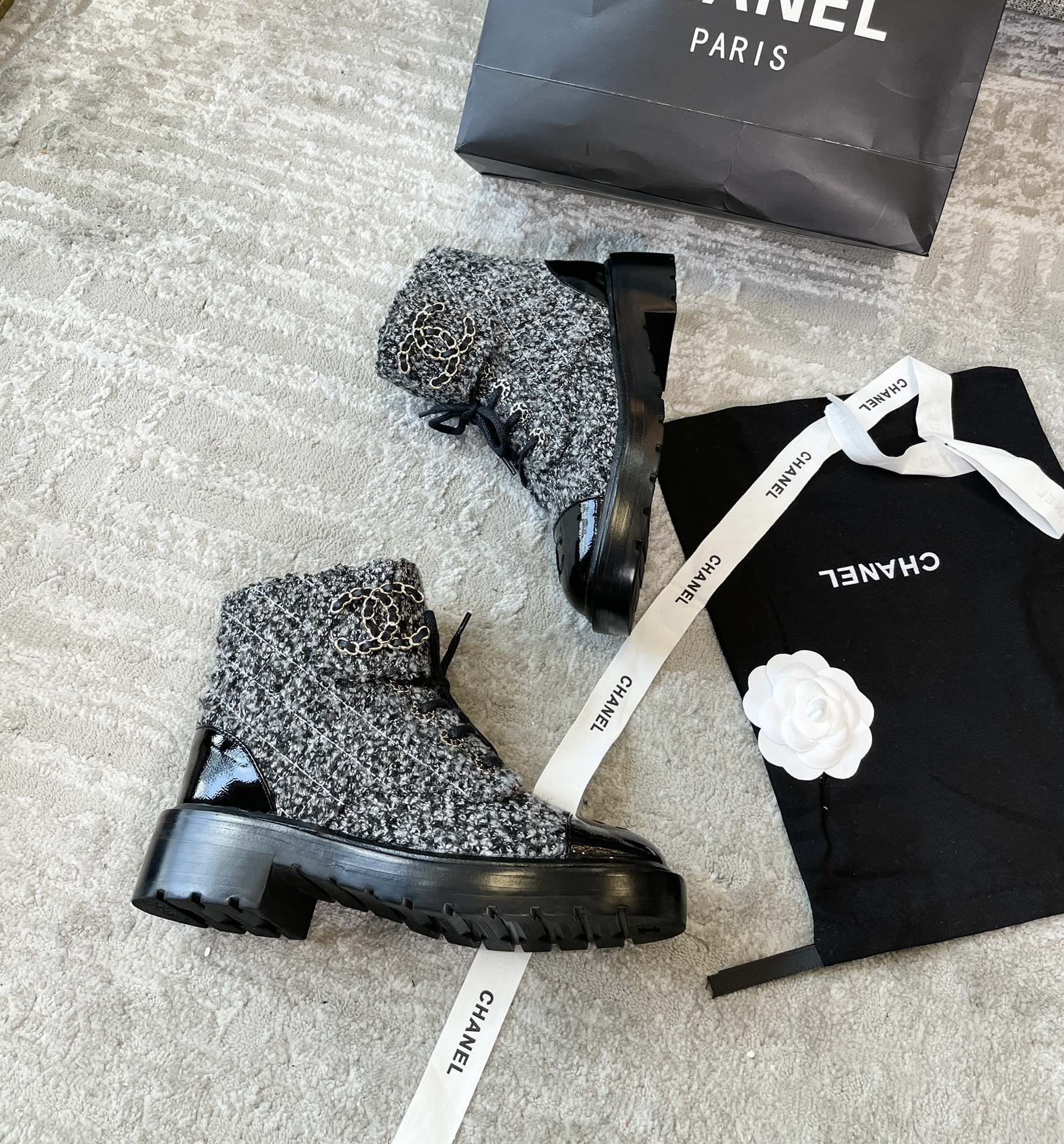(1:1 replica) Chanel Women s Lace- Ups Wool Fabric Grey For Women 1.5in/ 4cm