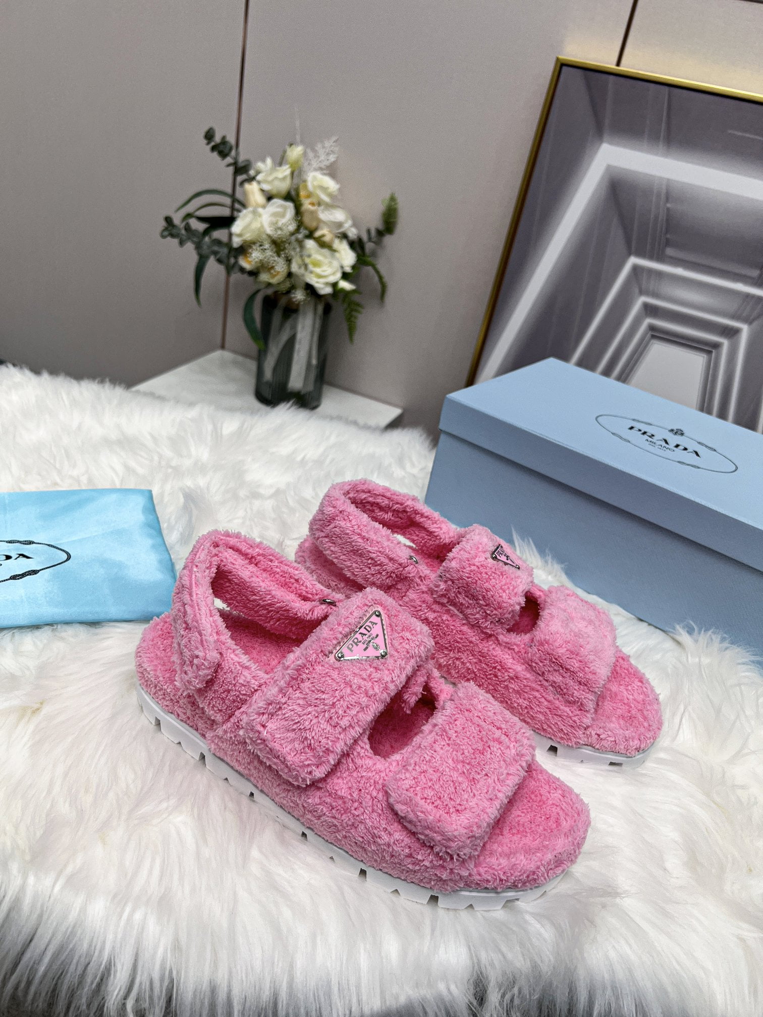 (1:1 replica) Prada Terrycloth Sandals Pink For Women 0.8in/20mm PRD 1X737M_H39_F0442_F_D020