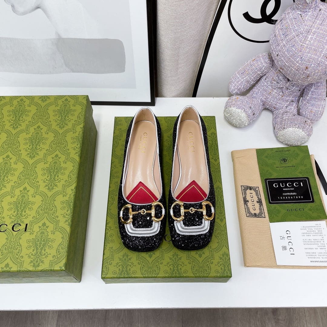 (1:1 replica) Gucci Lovelight Crystal Ballet Flat With Horsebit Black For Women GG