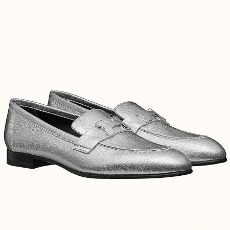 (1:1 replica) Hermes Women s Paris Loafers In Silver Metallic Goatskin HM082