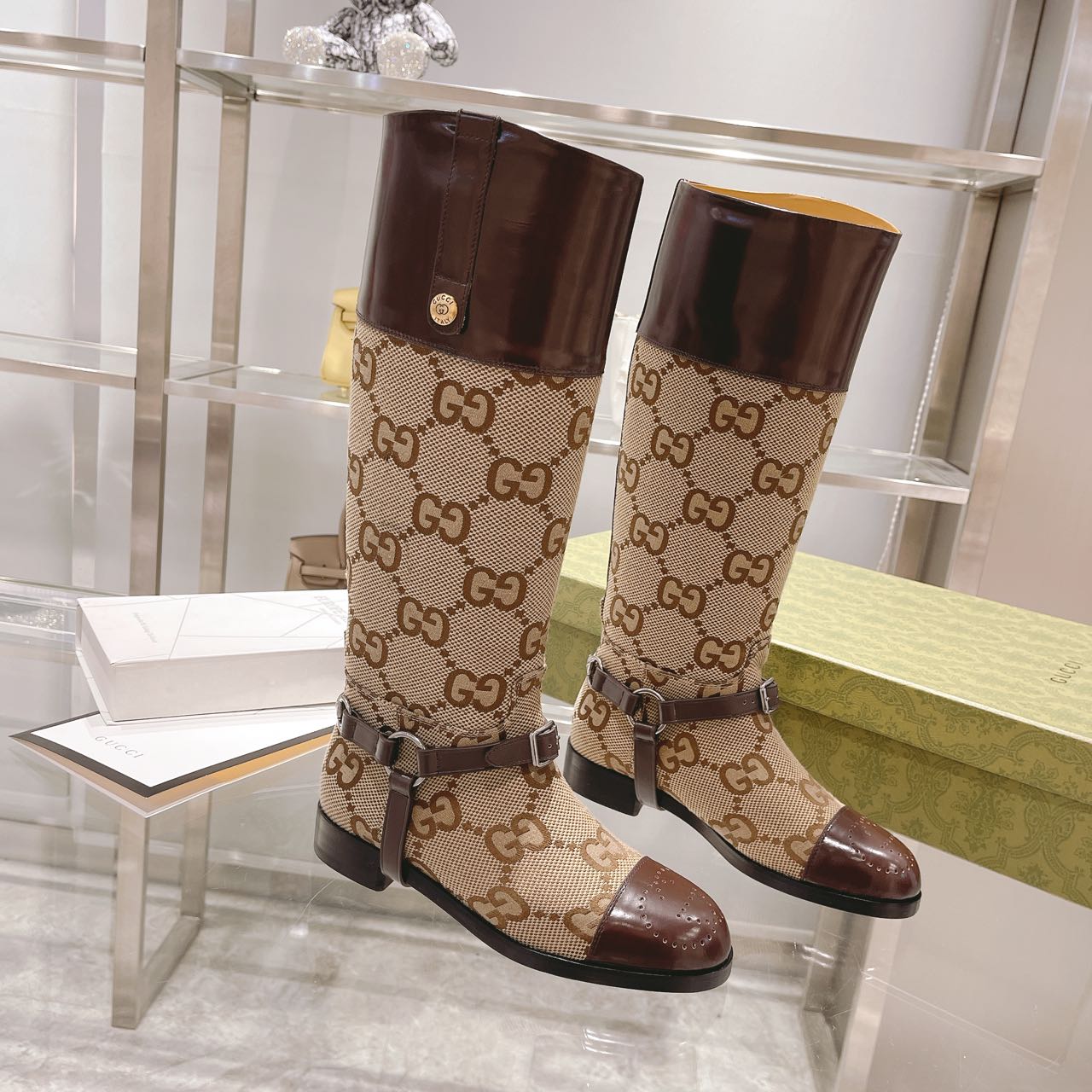 (1:1 replica) Gucci Knee-High Boot With Harness Beige For Women GG 674673 UKO50 2597