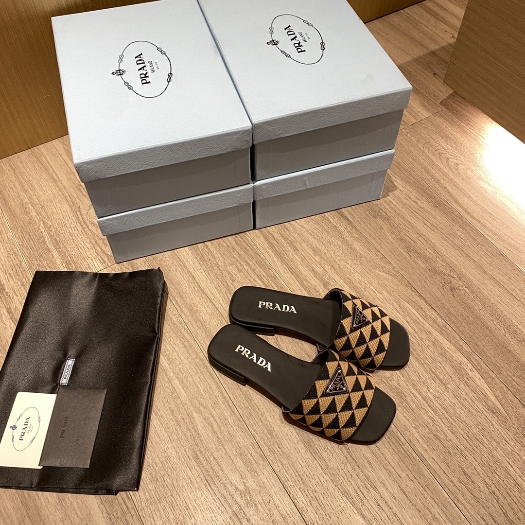 (1:1 replica) Prada Embroidered Fabric Slides Black/Beige For Women 0.4in/10mm PRD 1XX637_3LK6_F0Y30_F_010