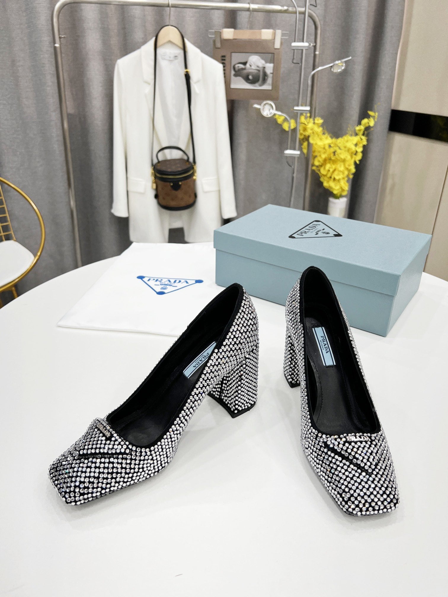 (1:1 replica) Prada Satin Pumps With Crystals Silver For Women 3.5in/90mm PRD