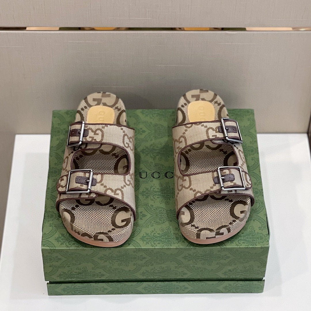 (1:1 replica) Gucci Women s Maxi GG Slide Sandal With Straps Beige And Ebony For Women 658020 2HK60
