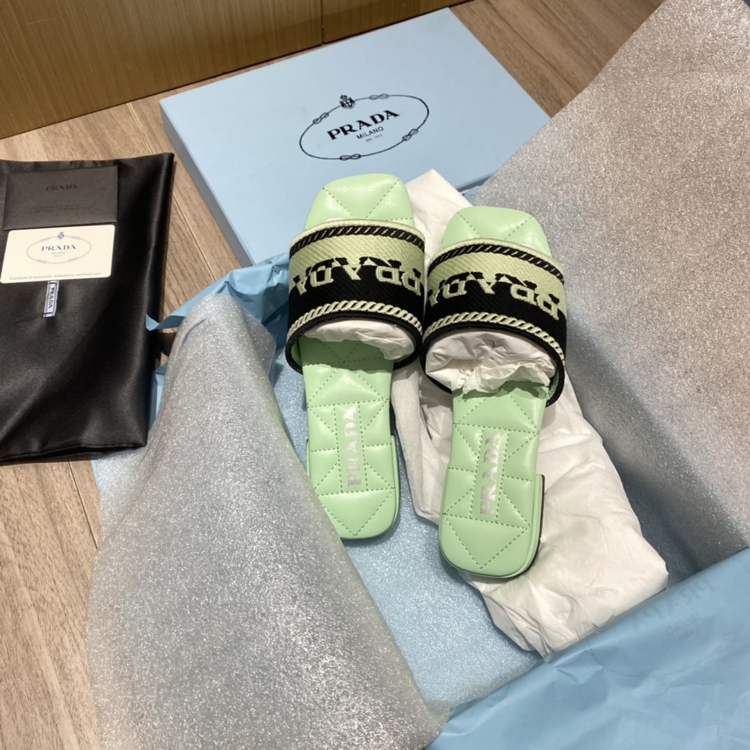 (1:1 replica) Prada Embroidered Fabric Slides Black/Green For Women 0.4in/10mm PRD