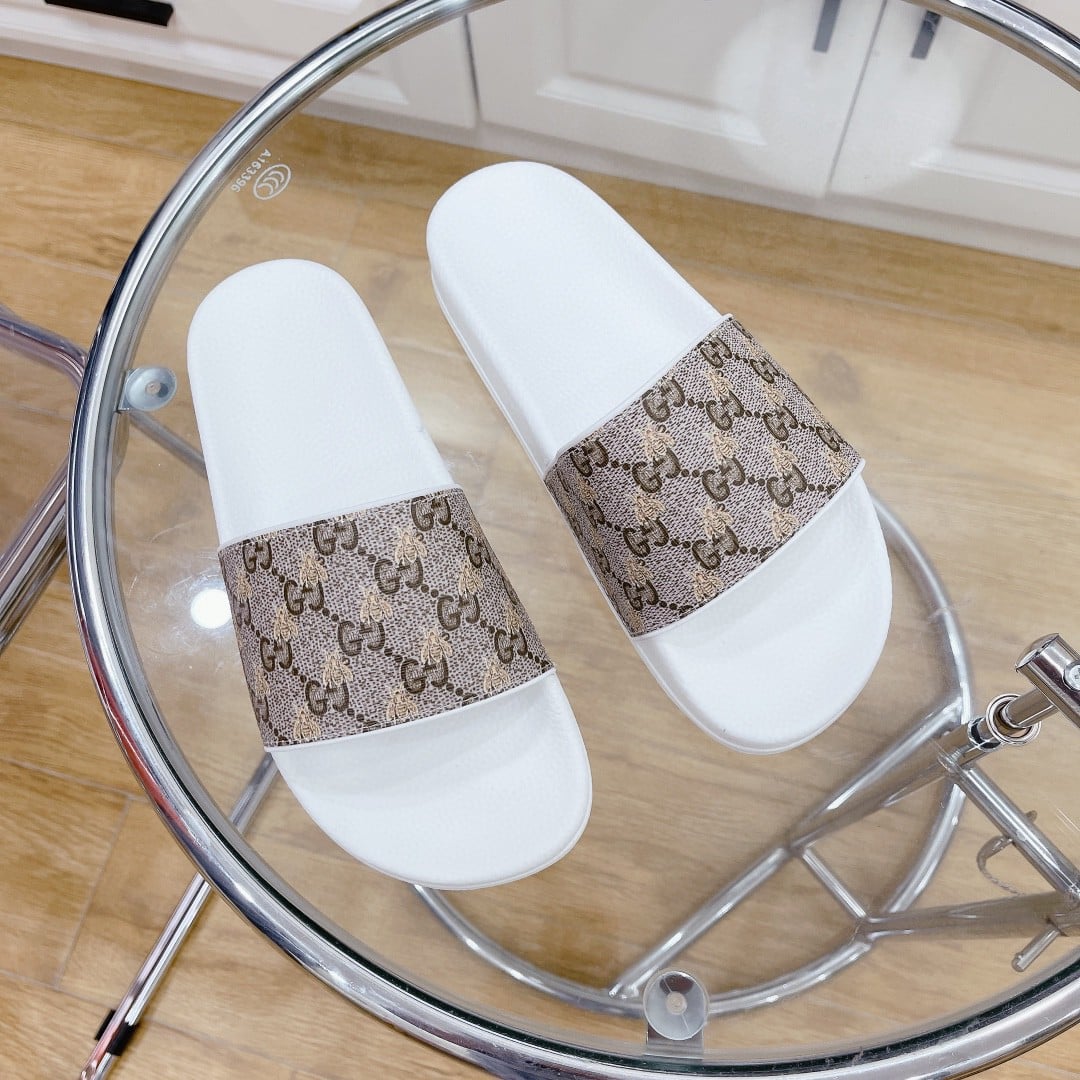 (1:1 replica) Gucci Women s GG Slide Sandal With Bees White And Brown For Women 407345