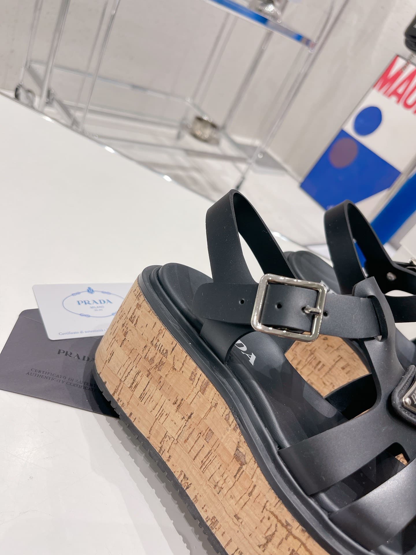 (1:1 replica) Prada Rubber Wedge Platform Sandals Black For Women 2.9in/75mm PRD 1X853M_3LLP_F0002_F_B075