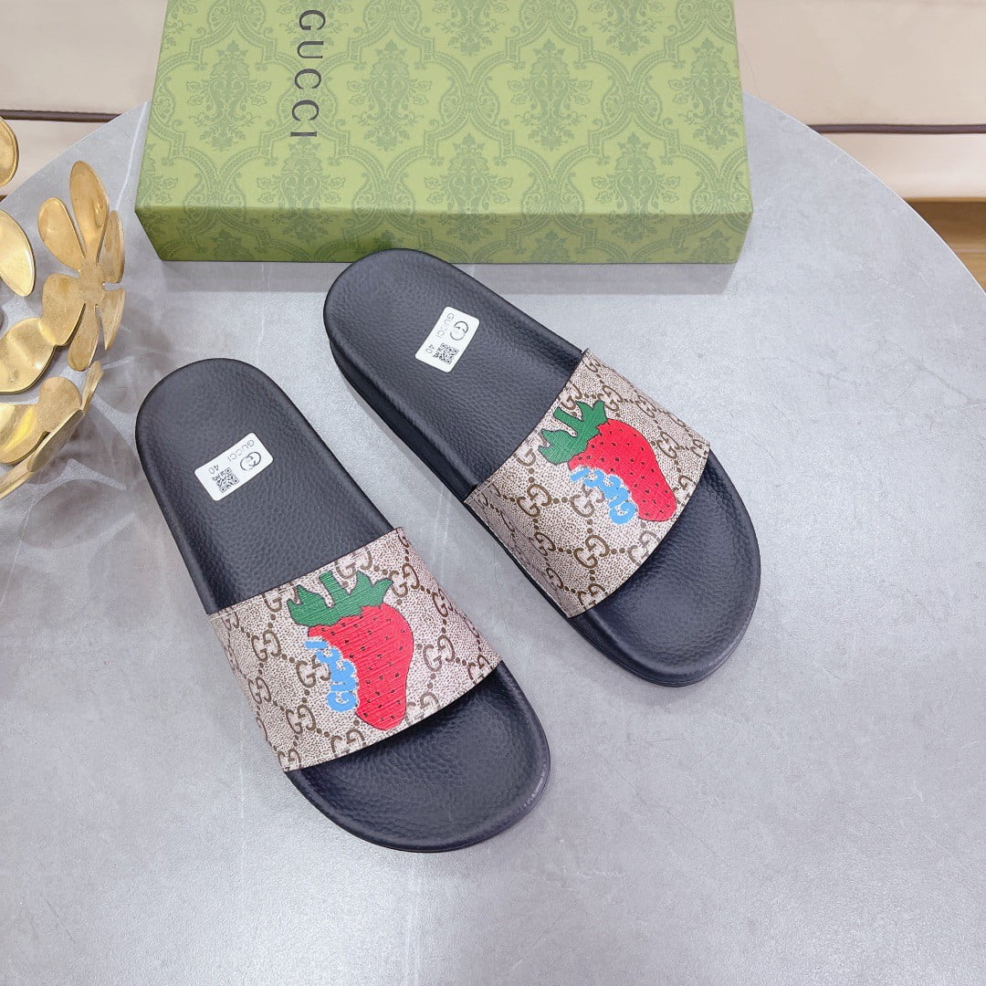 (1:1 replica) Gucci Women s GG Supreme Slides With Gucci Strawberry Black And Gray For Women 408508 G2200